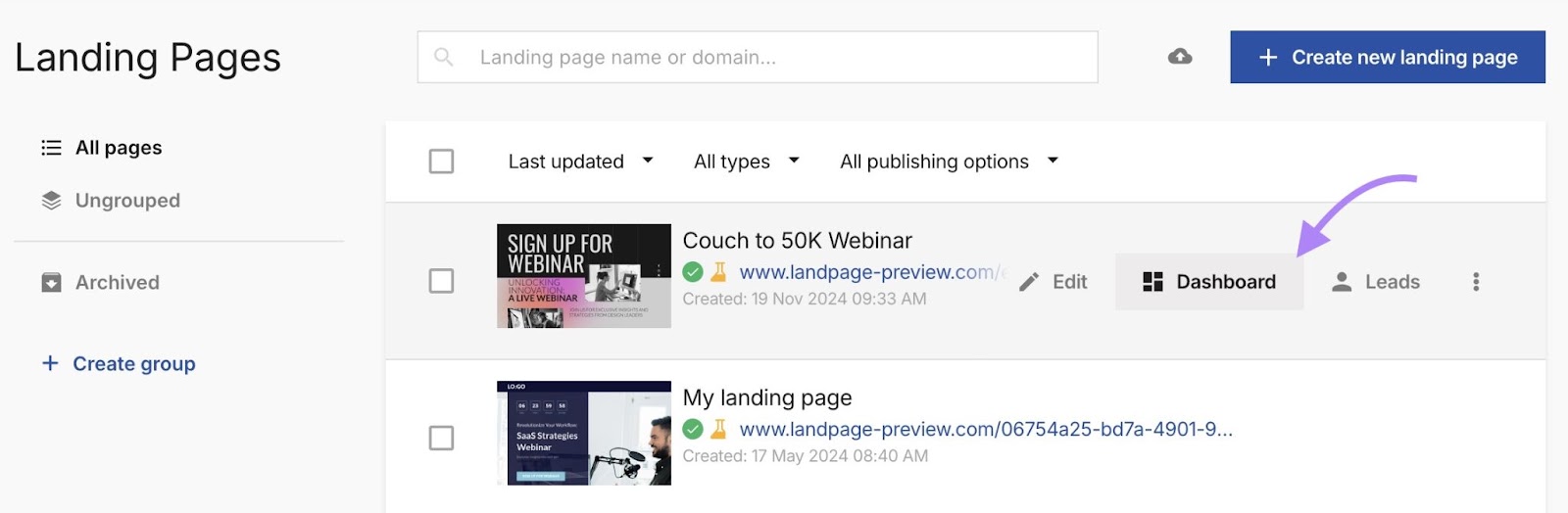 Landing page builder home with "Dashboard" next to a landing page highlighted.