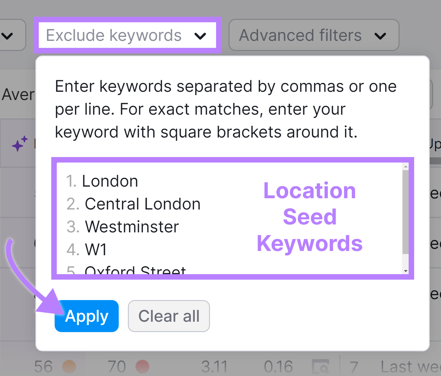 Exclude keywords filter selected, location seed keywords entered, and arrow pointing to Apply button.