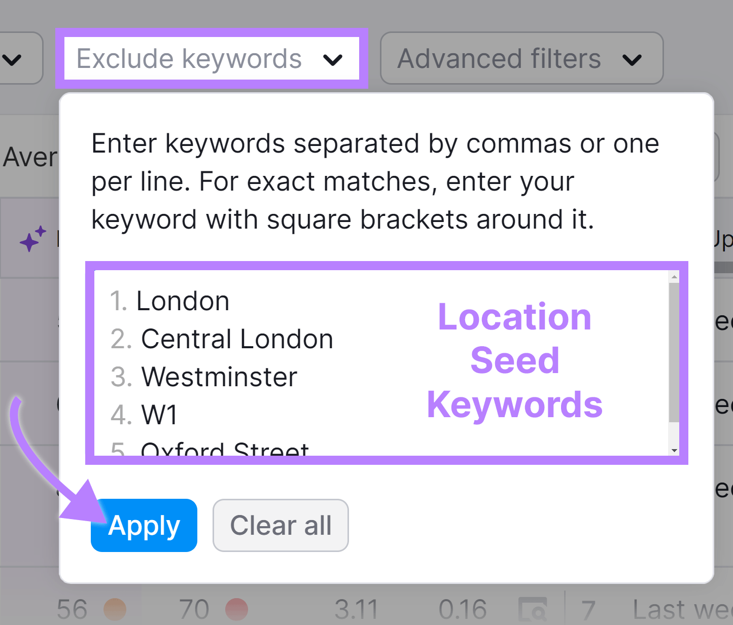 Exclude keywords filter selected, determination  effect    keywords entered, and arrow pointing to Apply button.