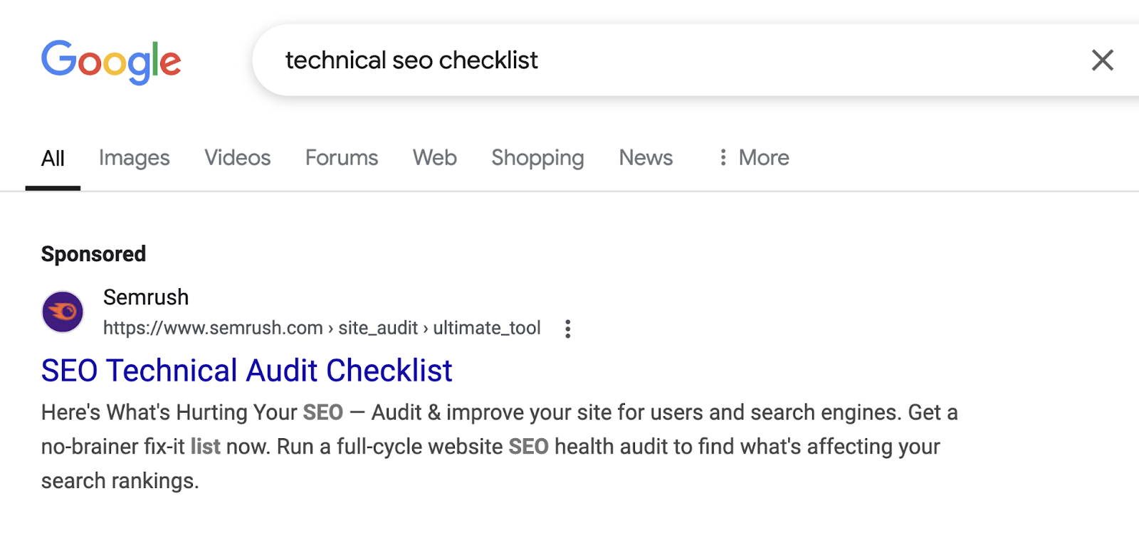 SERP for technical seo checklist includes a paid result at the top of the results with a sponsored label.