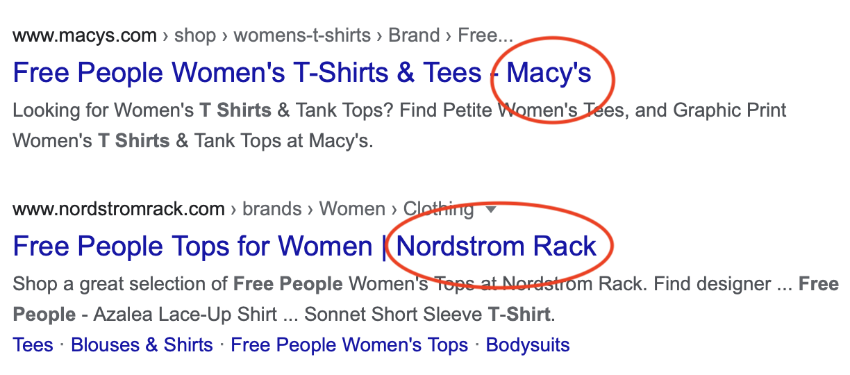 Example of brand names in title tags