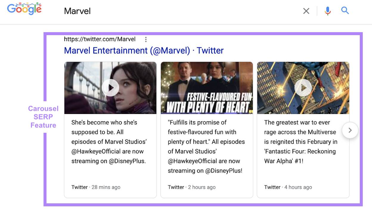 A carousel feature that displays recent X posts on Google search for "Marvel"