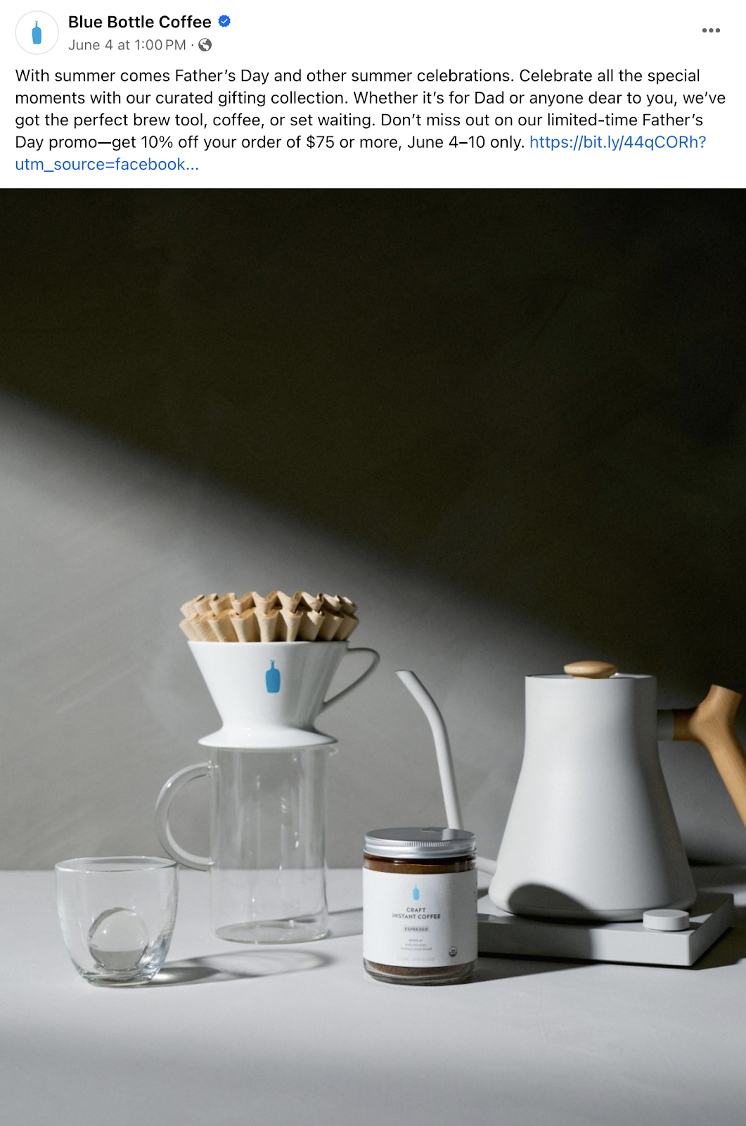 promotional Facebook post from Blue Bottle Coffee, highlighting minimalist coffee-making items