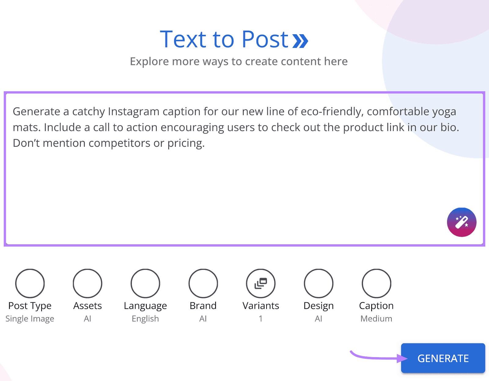 AI Social Content Generator interface for generating Instagram content with a text box prompt and a "Generate" button