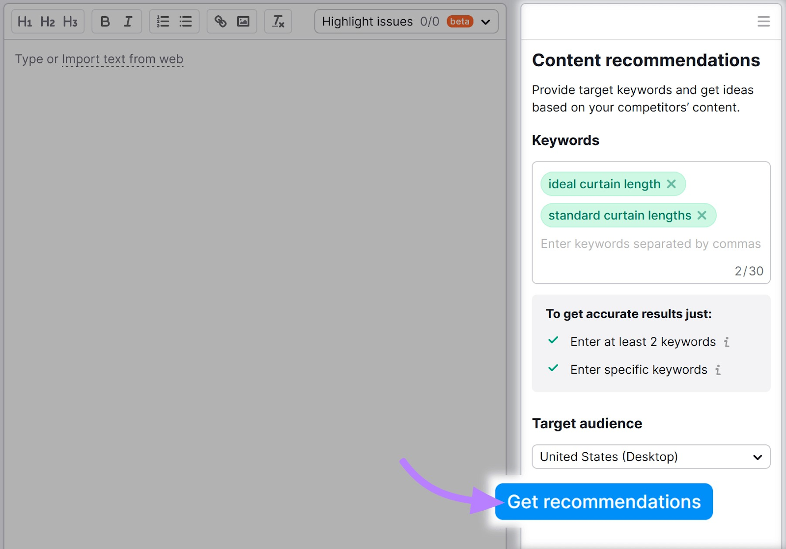enter keyword in SEO Writing Assistant and click "Get recommendations"