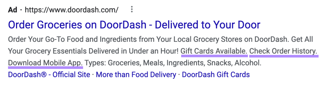 DoorDash's callout extensions that read "Gift Cards Available, Check Order History, Download Mobile App"