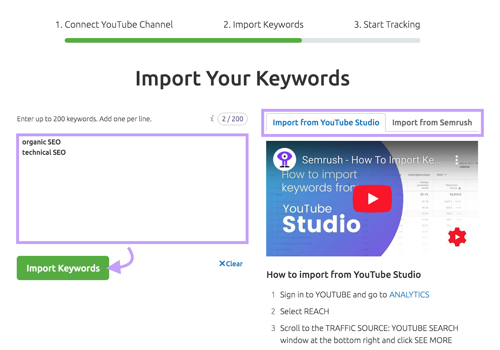 "Import Keywords" model   successful  Rank Tracker for YouTube