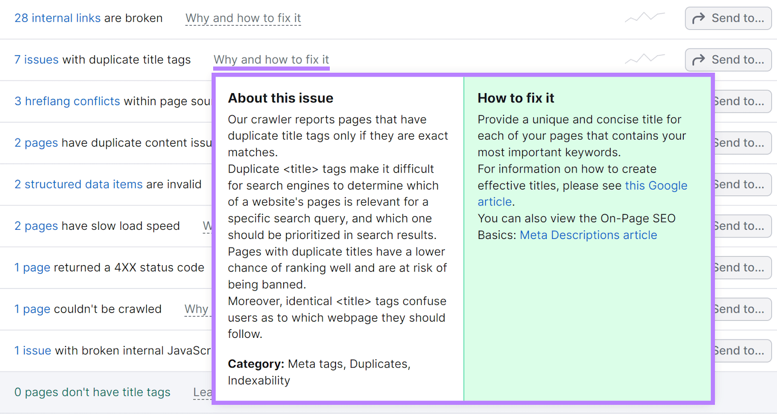 Issues list with 'Why and how to fix it' and issue details popup highlighted.