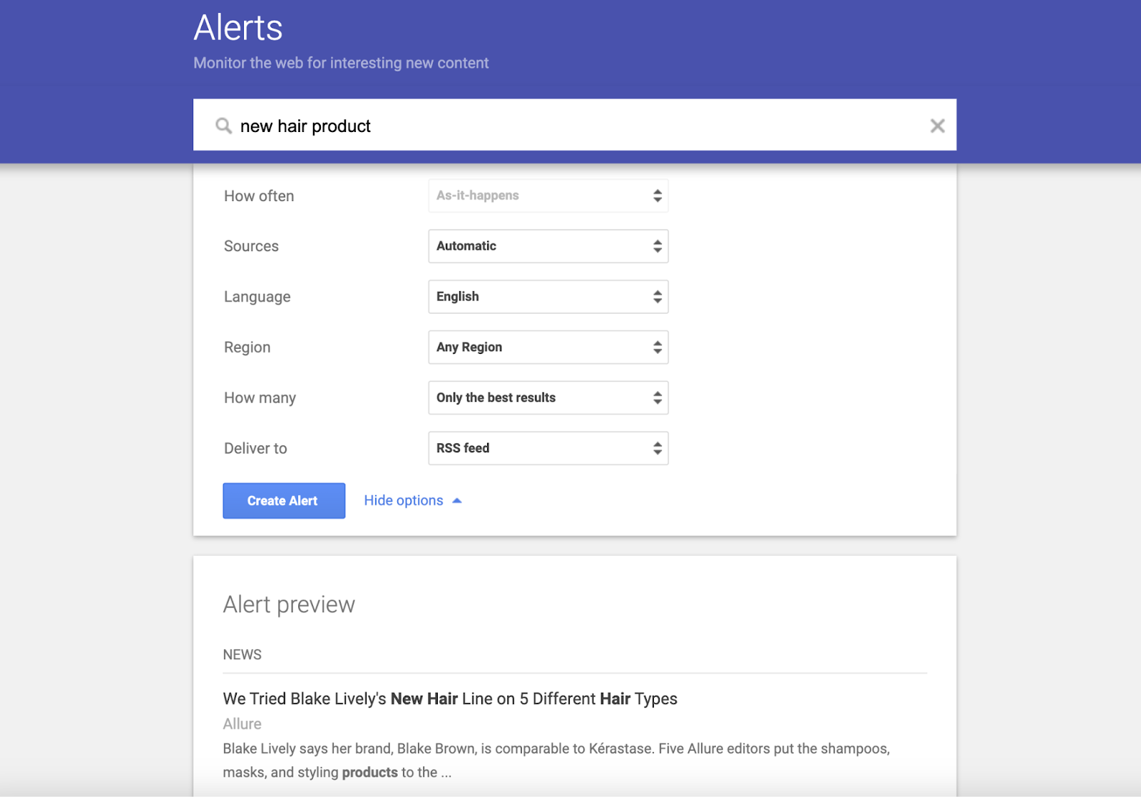 search term entered into google alerts with alert preview showing recent news on the topic