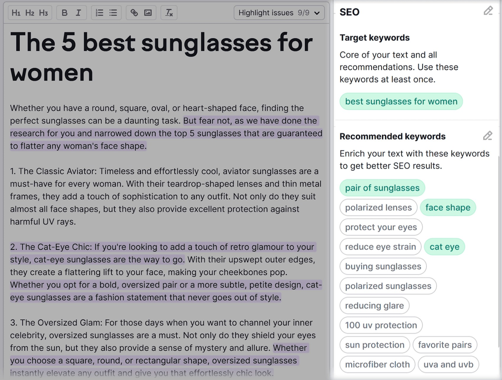 "SEO"recommendations section highlighted in the SEO Writing Assistant