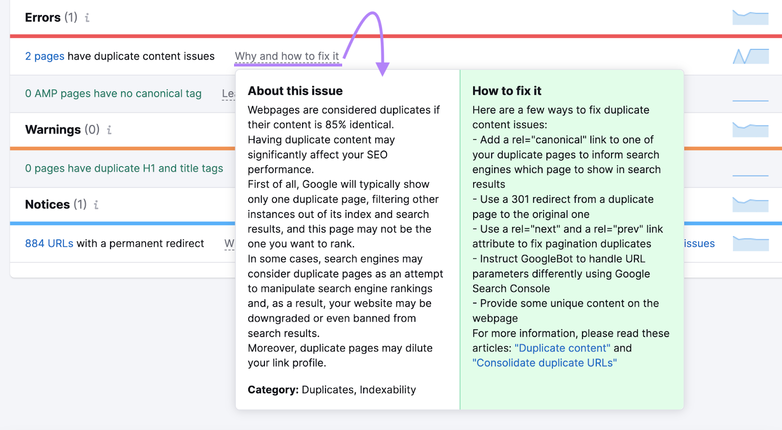 "Why and ،w to fix it" window opened for "2 pages have duplicate content issues" result