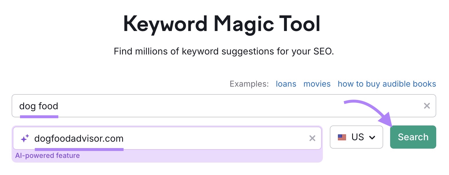 Keyword Magic Tool commencement pinch "dog food" entered arsenic nan term, "dogfoodadvisor.com" arsenic nan domain, and "Search" clicked.