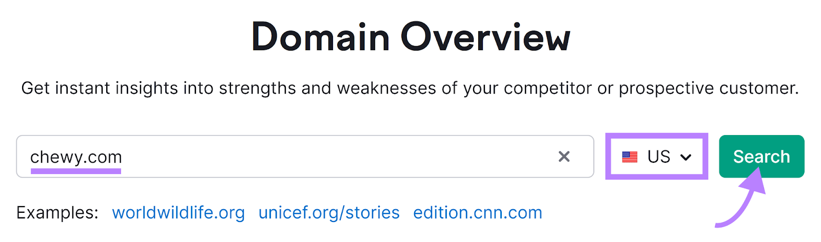 Semrush Domain Overview tool start with domain entered, location set to US, and arrow to Search button