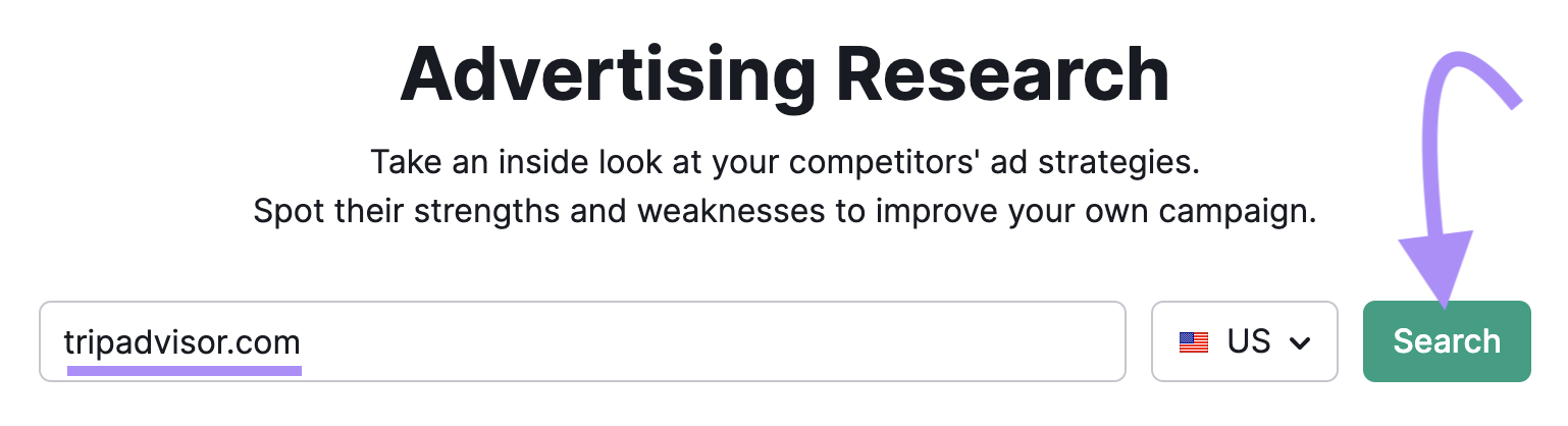 "tripadvisor.com" entered into Advertising Research search bar