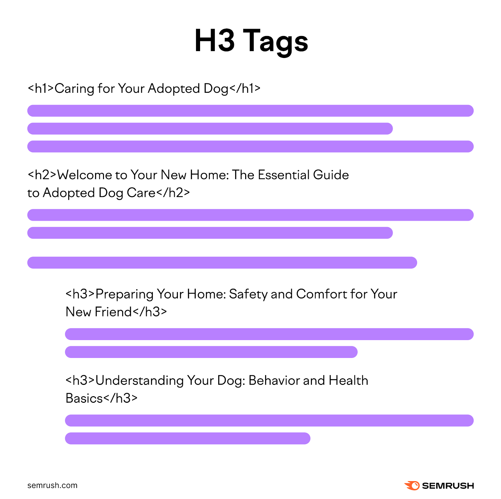 two h3 header tags added beneath the h2 about welcoming home your adopted dog. the h3 tags cover preparing your home and understanding dog behavior