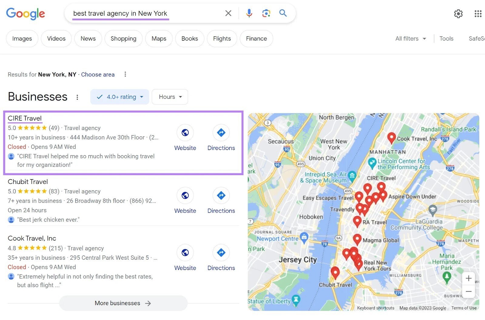 CIRE Travel is the first results for “best travel agency in New York” query