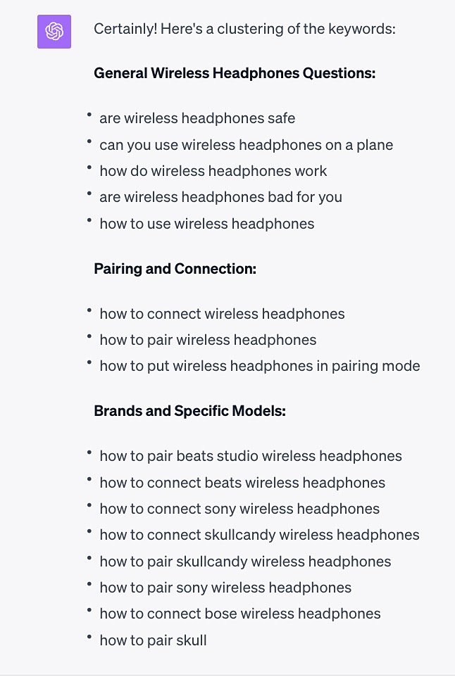 ChatGPT's clustered keywords, including "General wireless headphones questions," "pairing and connection," and "brands and specific ******" clusters