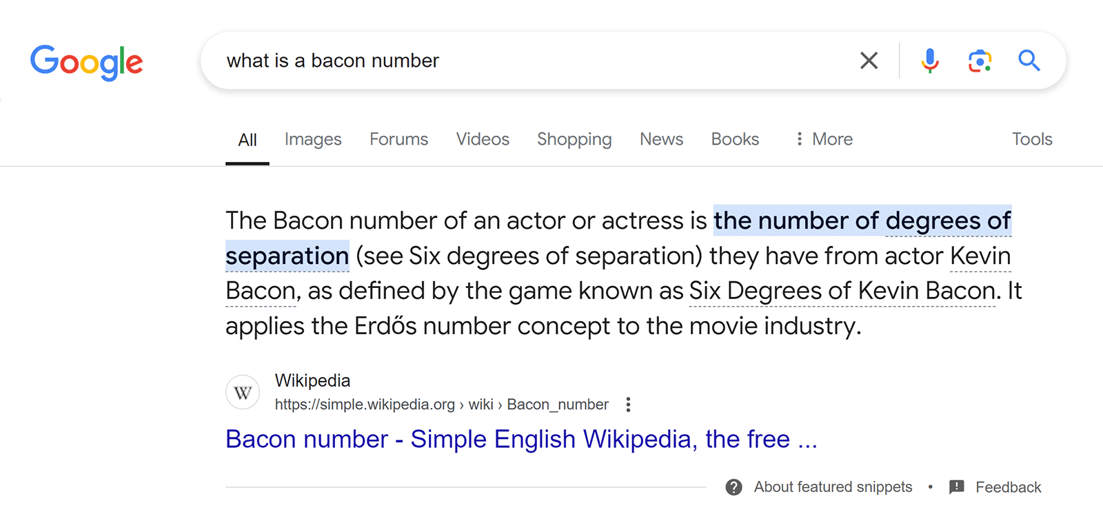 Featured snippet for 'what is a bacon number' search