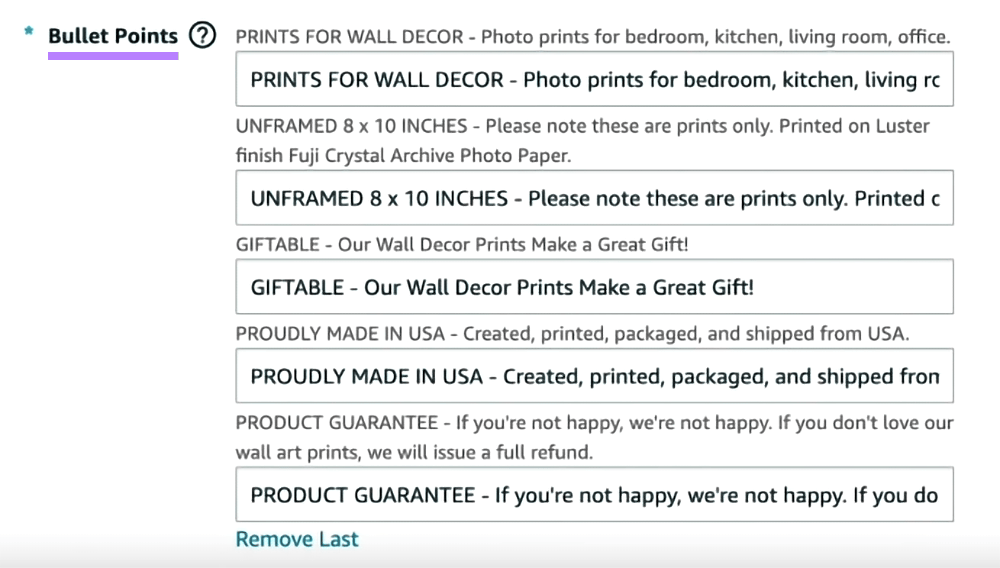“Bullet Points” fields under "Description" tab in Amazon Seller Central