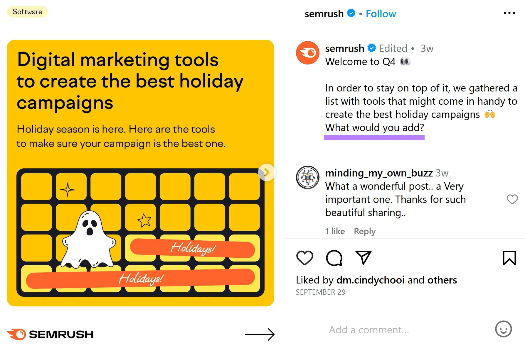 Semrush's Instagram post asking users "What would you add?"