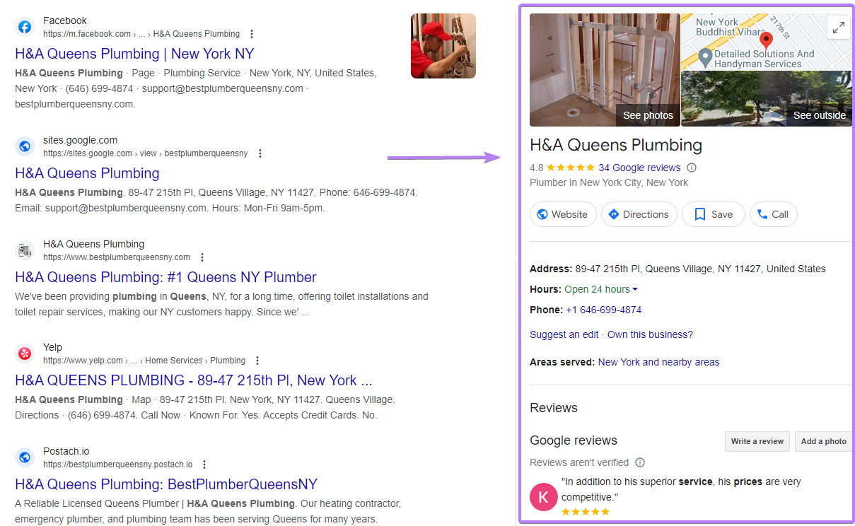 Perfil empresarial en Google de H&A Queens Plumbing