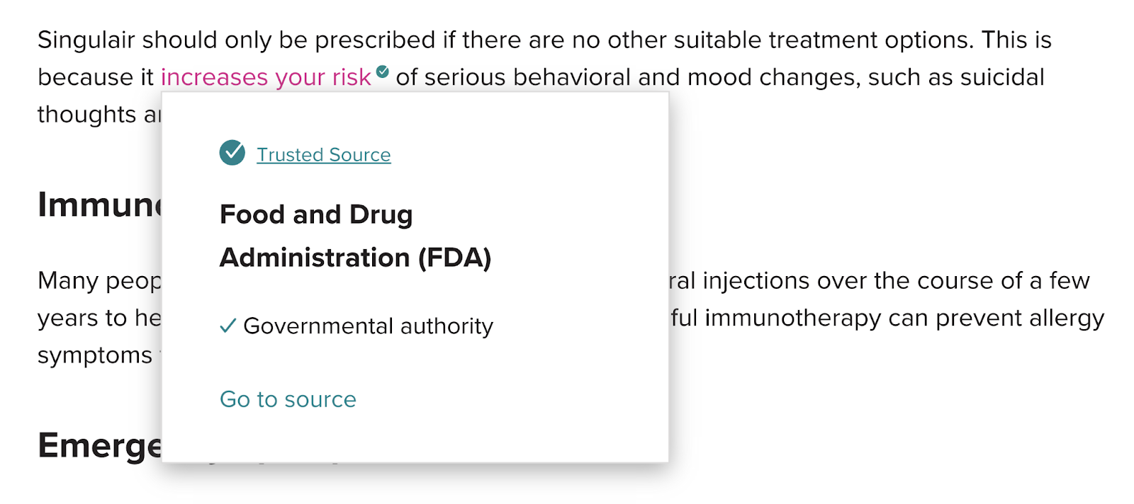 by hovering over a portion of body text, a pop up appears with further information about the trusted source