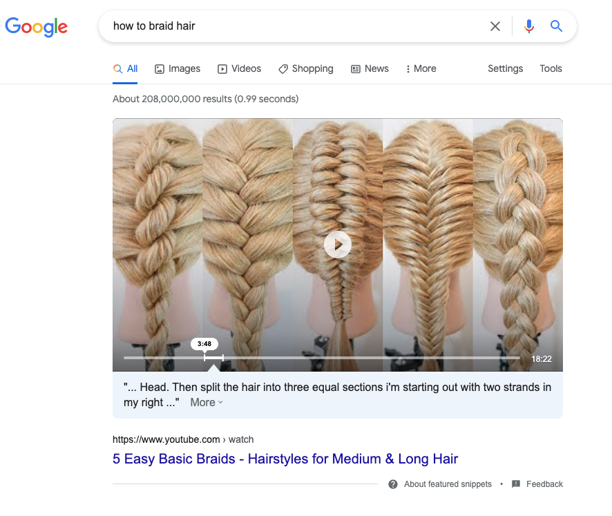 how to braid hair featured snippet video