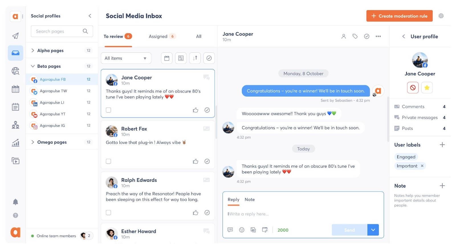 Social media inbox in Agorapulse showing connected channels, messages, message threads and user profile information.