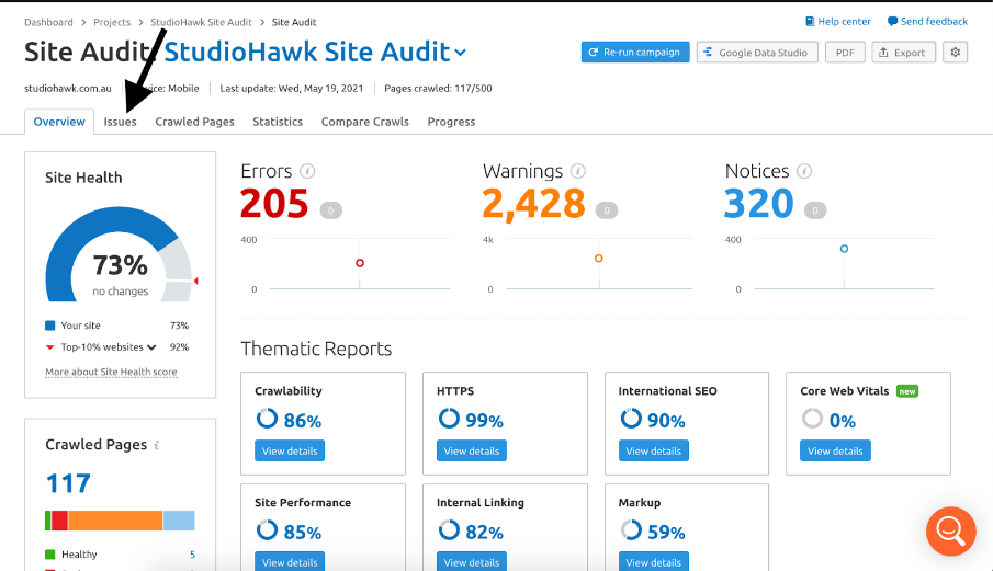 schermata della panoramica del report site audit