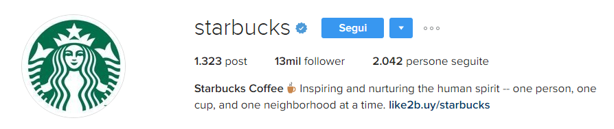 Promuovere un brand: la descrizione del profilo Instagram di Starbucks