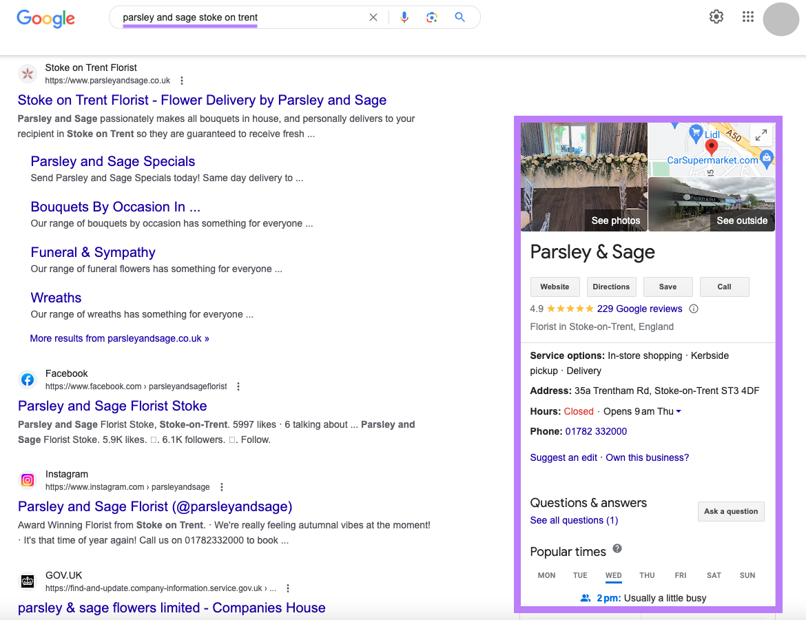 Parsley & Sage's knowledge panel on Google SERP