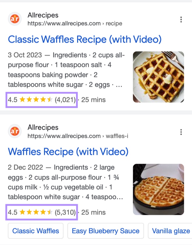 Google's mobile SERP for "waffle recipe" showing user ratings in the form of stars