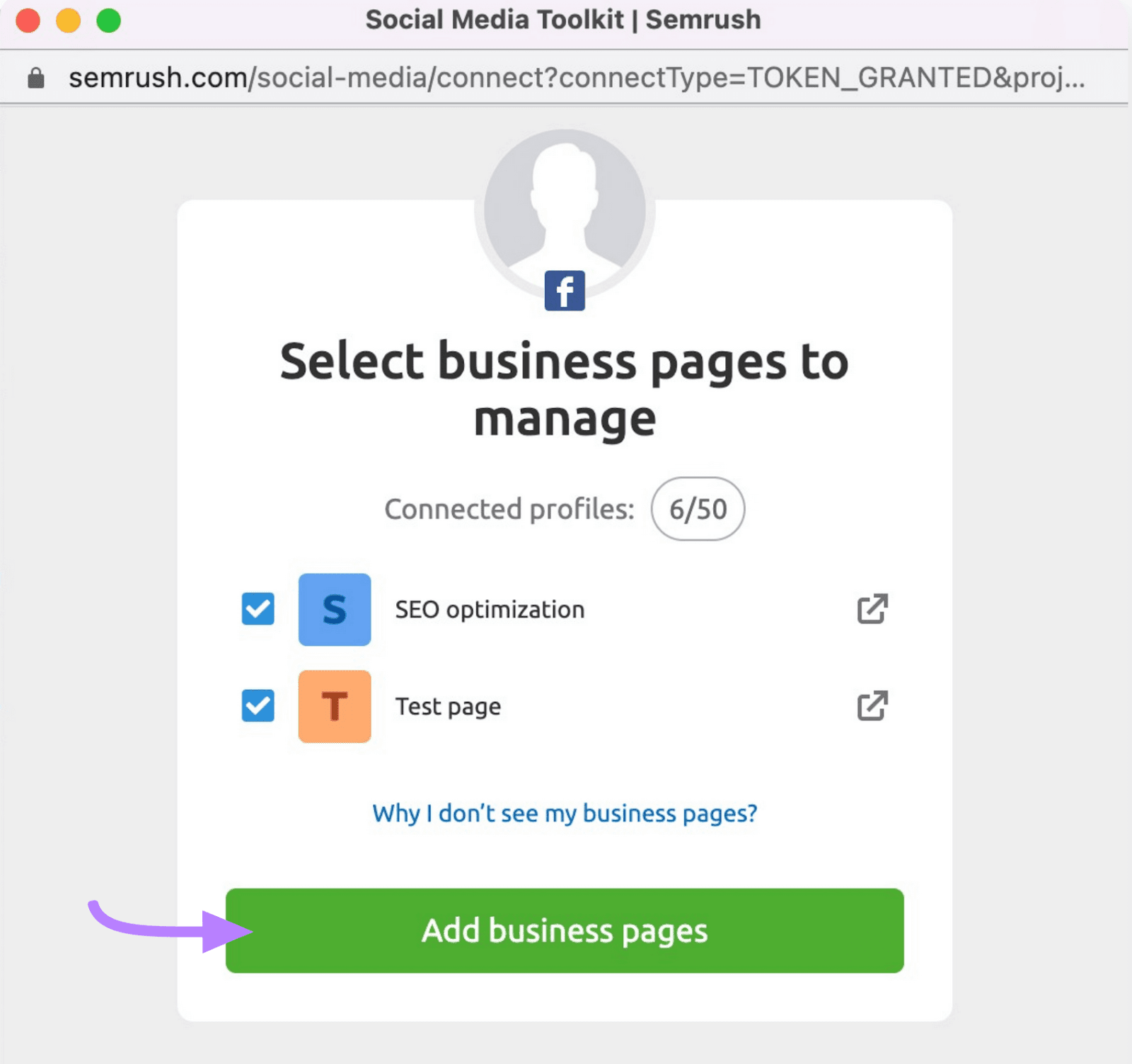"Select business pages to manage" window