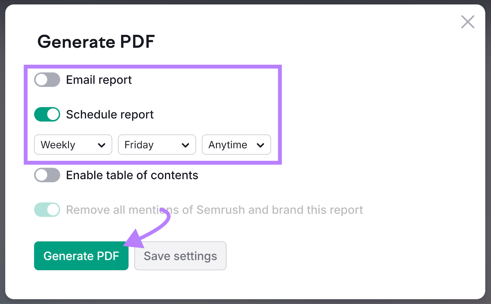 Generate PDF popup with Schedule study  toggle activated and arrow pointing to Generate PDF button