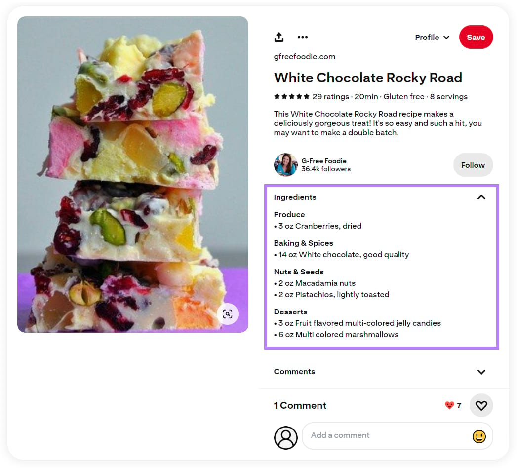 Pinterest recipe rich Pin for a white chocolate rocky road recipe.