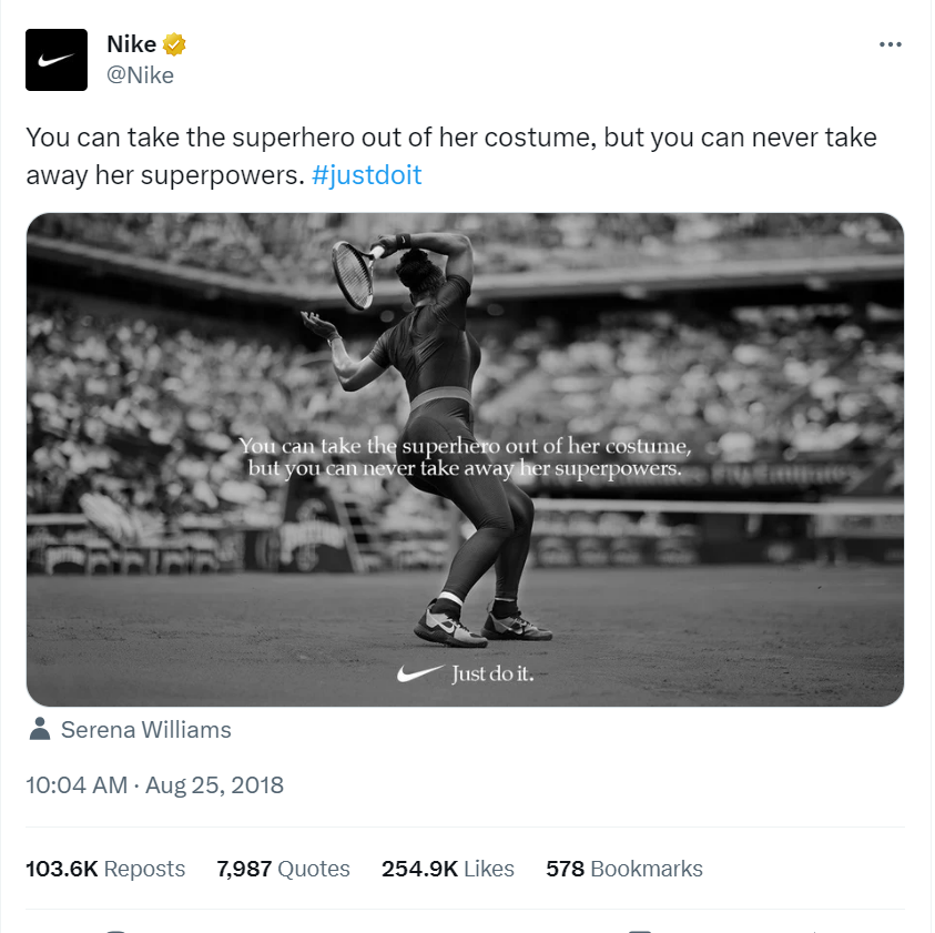 Nike's ‘Just Do It’ post on X featuring Serena Williams