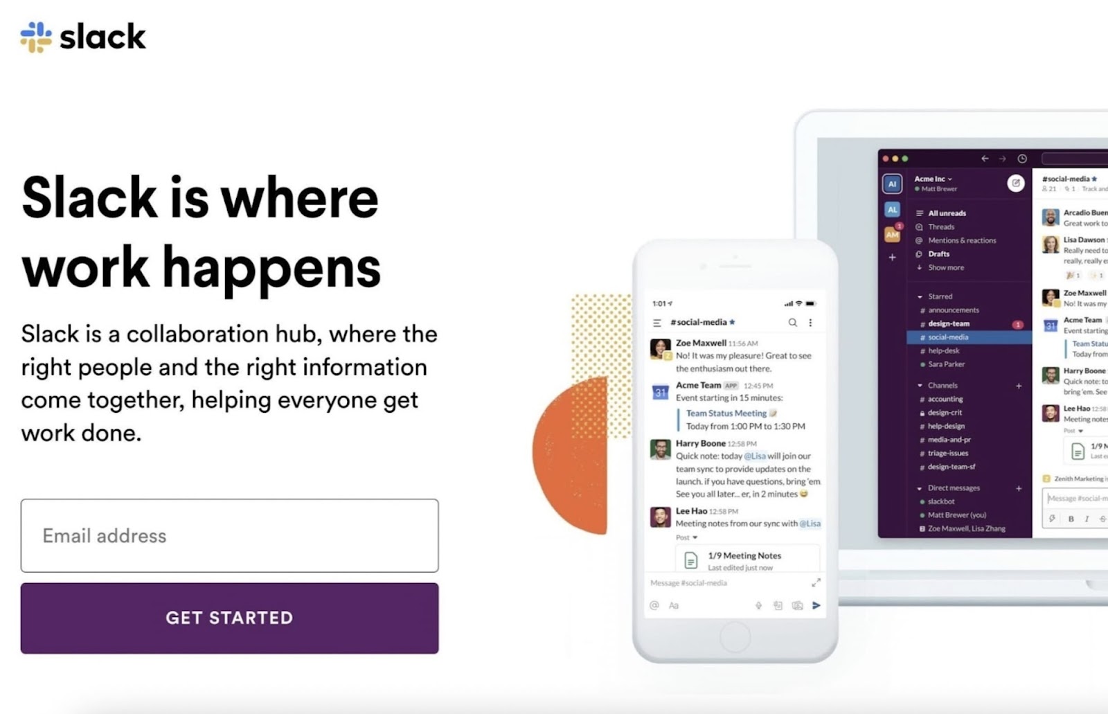 Graphique sur smartphone et tablette montrant l'application Slack en action avec l'option d'inscription