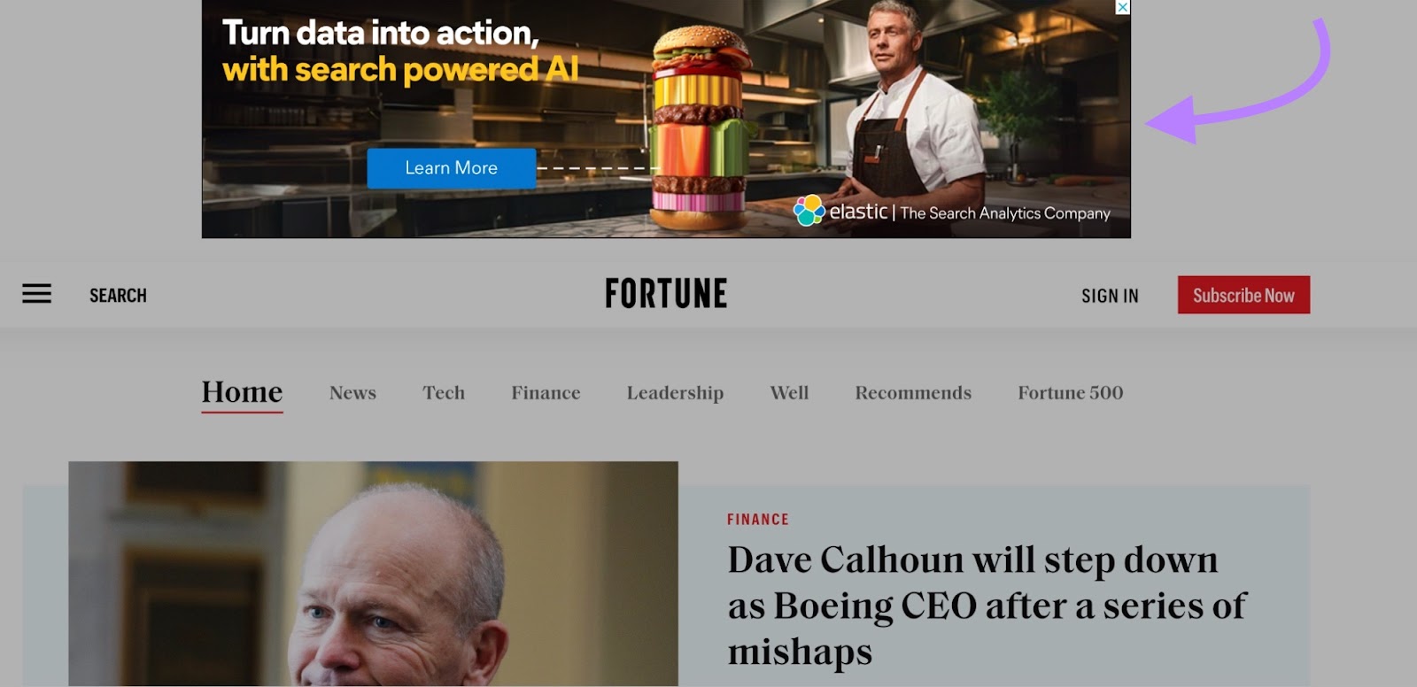 Elastic's banner ad on Fortune site