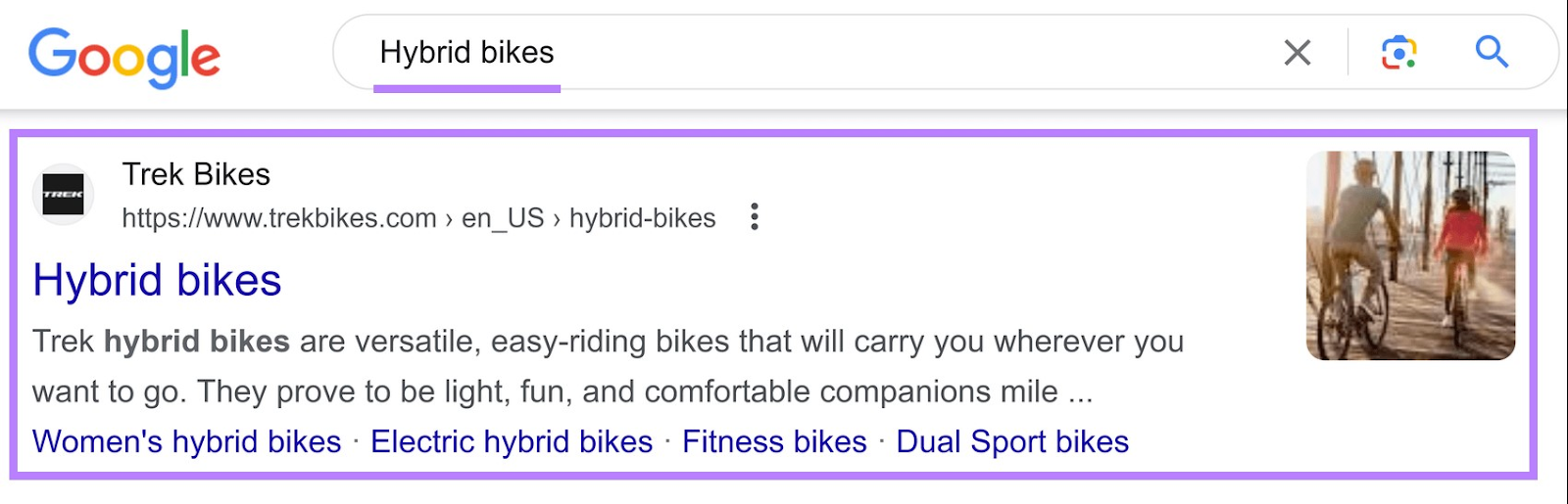 Trek Bikes ranks first for “hybrid bikes” query in Google