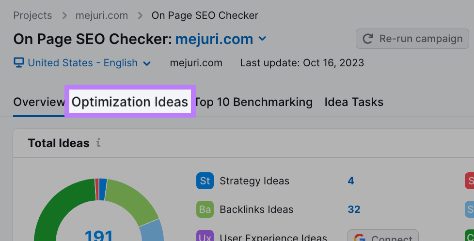 “Optimization Ideas” tab selected in On Page SEO Checker