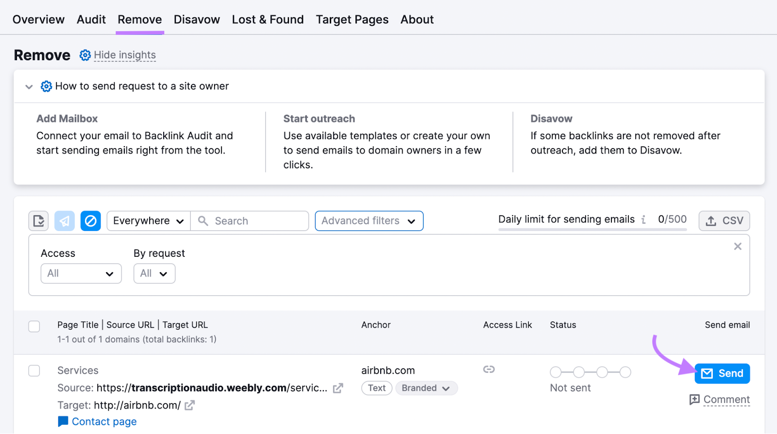 “Send” button selected next to a URL under "Remove" tab in Backlink Audit