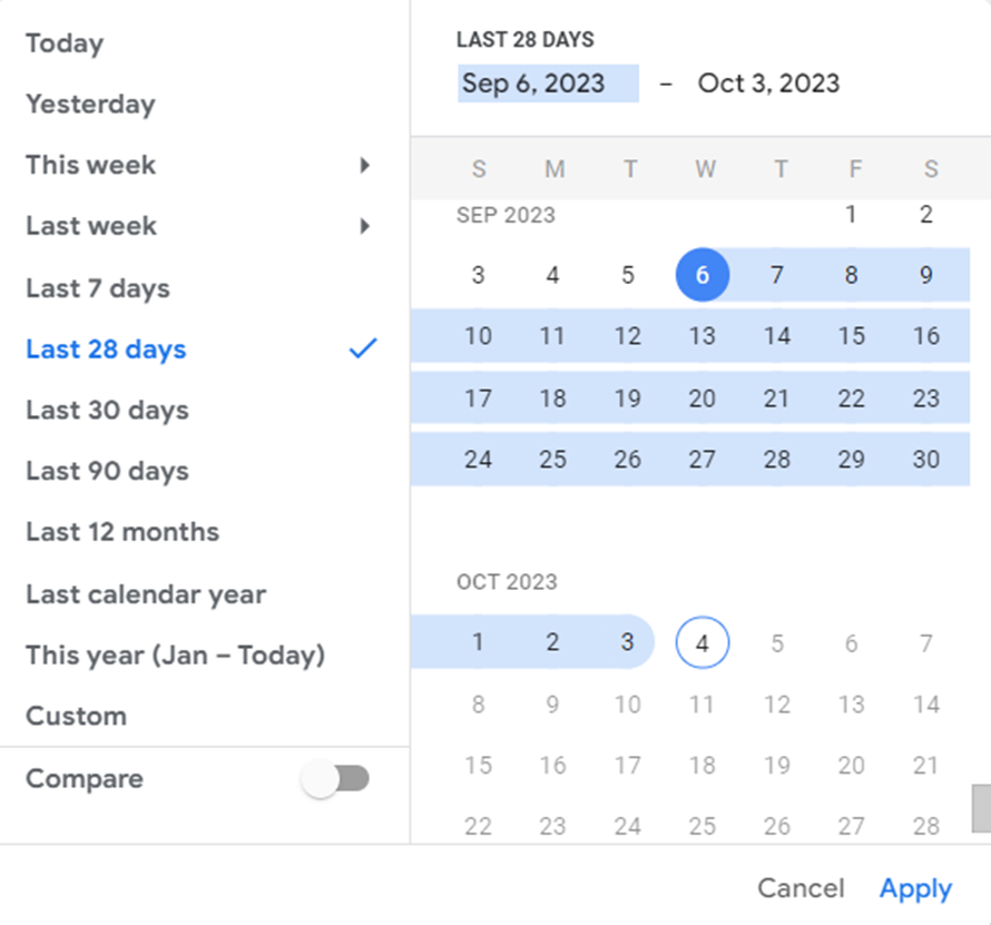 A date range selector with a calendar view on the right-hand side