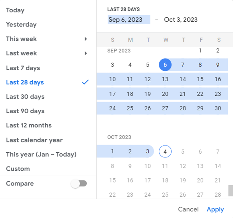 A **** range selector with a calendar view on the right-hand side