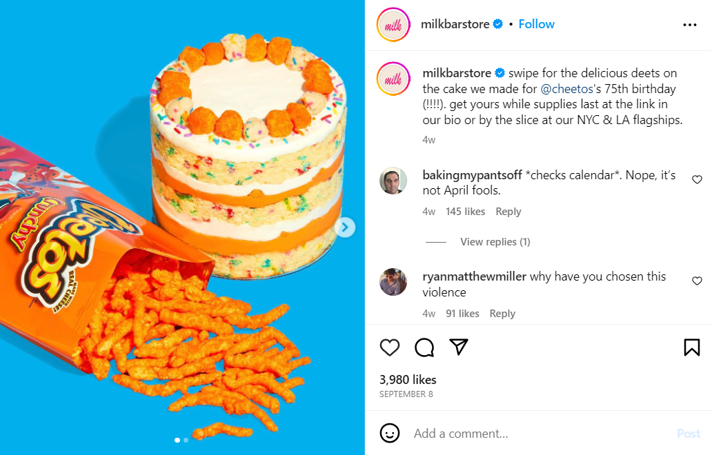 Milk Bar’s Instagram post about cheetos cake