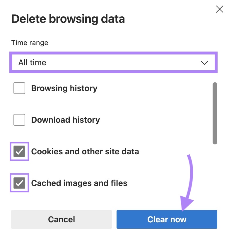 "Delete browsing data" window on Edge with "Clear now" clicked.