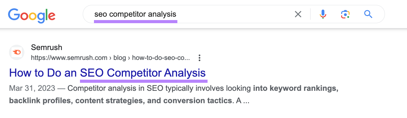 Resultado del blog de Semrush para "seo competitor analysis" en las SERP de Google