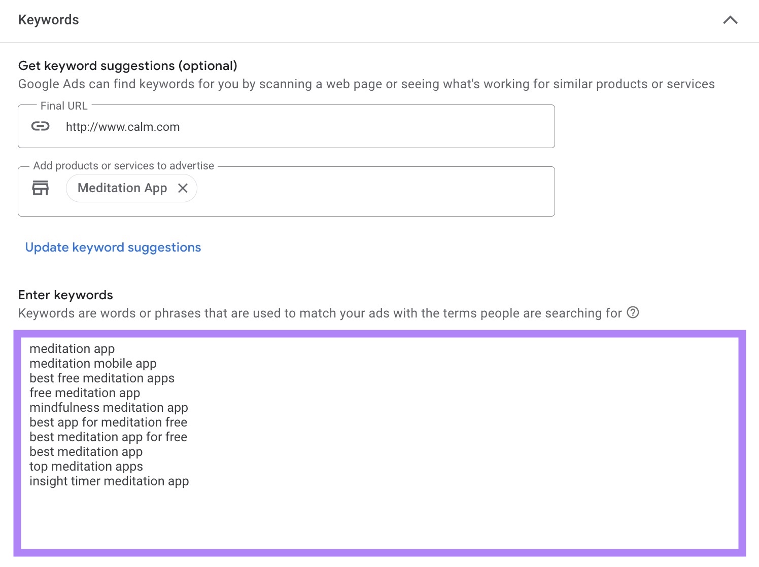 Manually entering keywords on the Keywords and ads window of Google ads.