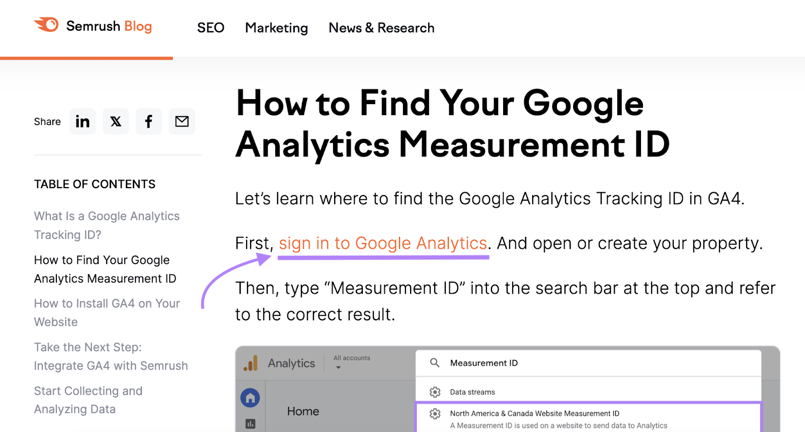 Semrush blog post has outbound link that says "sign in to Google Analytics."