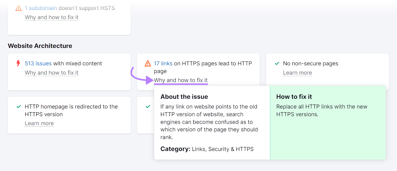 how to fix an issue of links on HTTPS pages that lead to HTTP pages