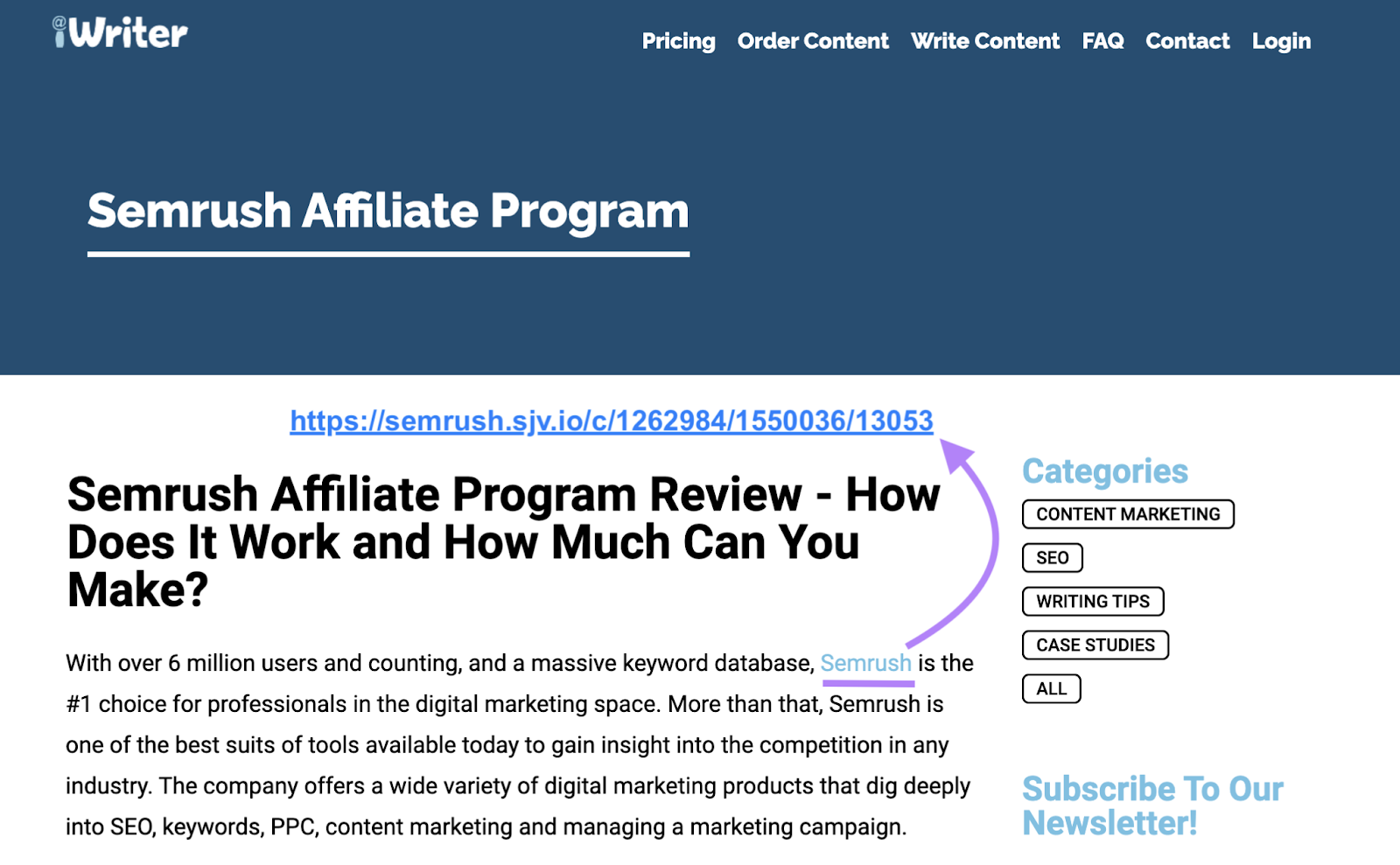 Writer places an affiliate link for Semrush in one of their blog articles